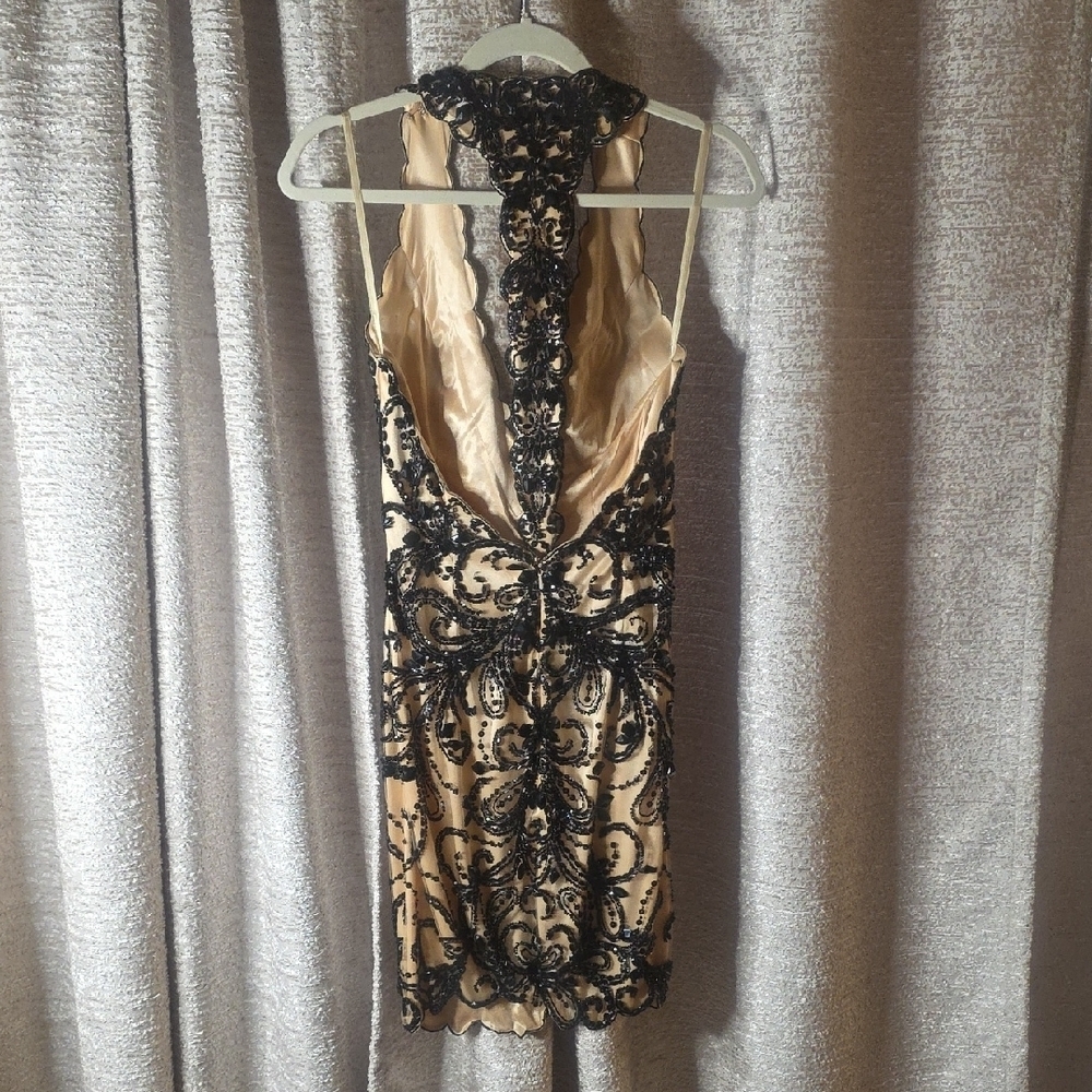 Jovani Black Beaded Embroidered V-Neck Mini Dress on Nude - Picture 4 of 7